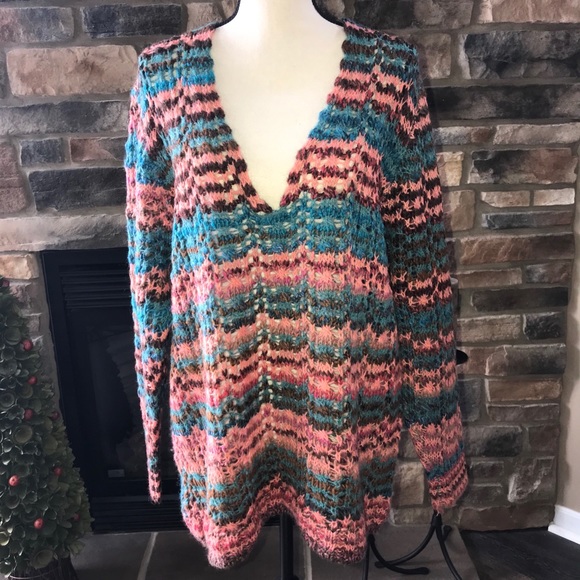 Free People unique loose knit deep V-neck sweater - Picture 6 of 11